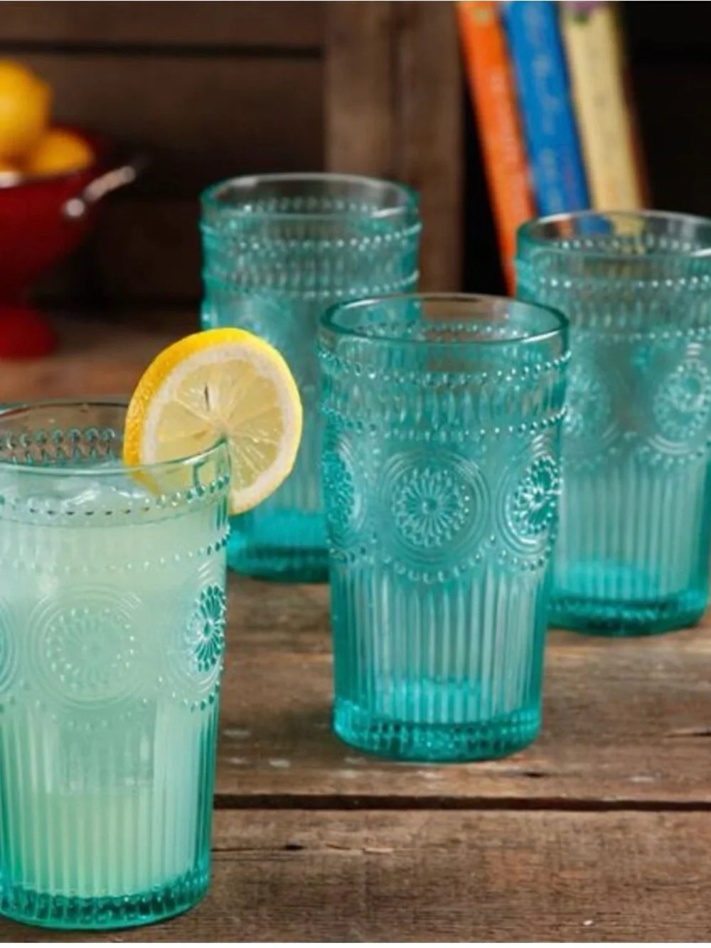 The Pioneer Woman Turquoise Embossed Glass Tumblers - Set of 4 Adeline 16 oz